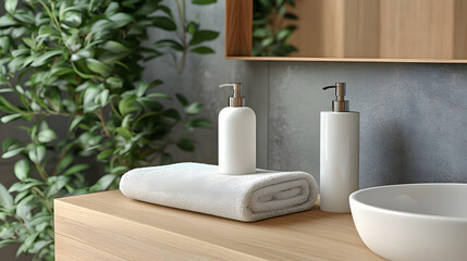 A serene bathroom scene featuring soft towels, minimalist bottles, and greenery, creating a calm and inviting atmosphere