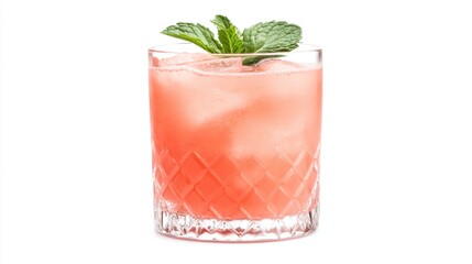 A refreshing cocktail in a glass, garnished with mint leaves, featuring a vibrant pink hue and ice cubes.