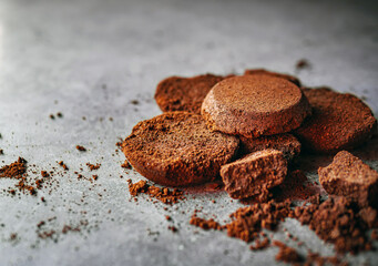 Close-up of coffee grounds from espresso machine. coffee ground on gray background