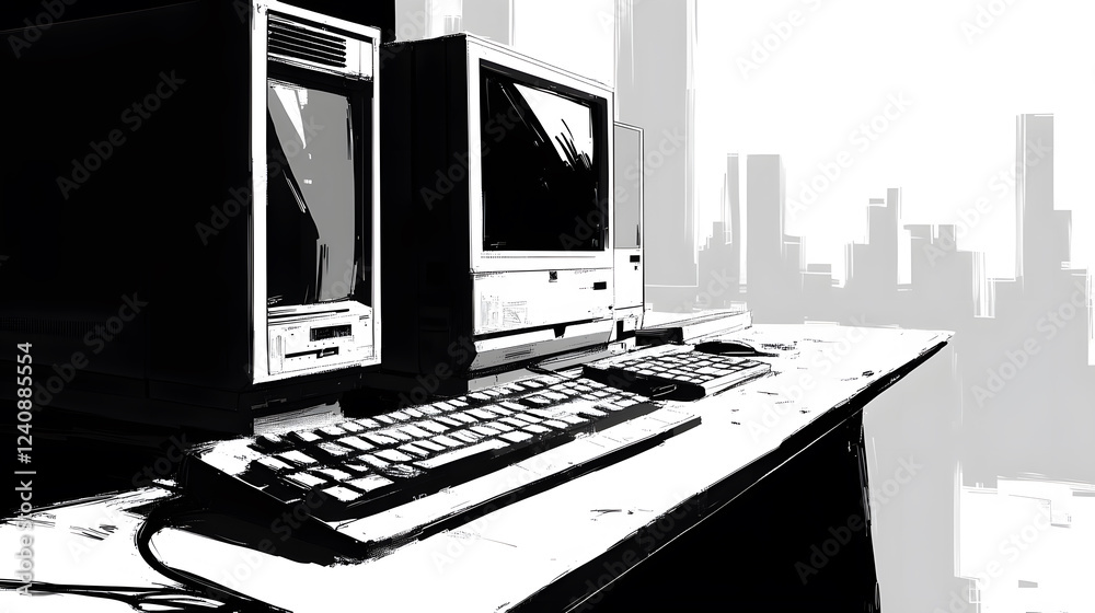 Poster A minimalist black-and-white image of an old computer setup featuring two monitors and a keyboard atop a desk, with a city skyline in the background