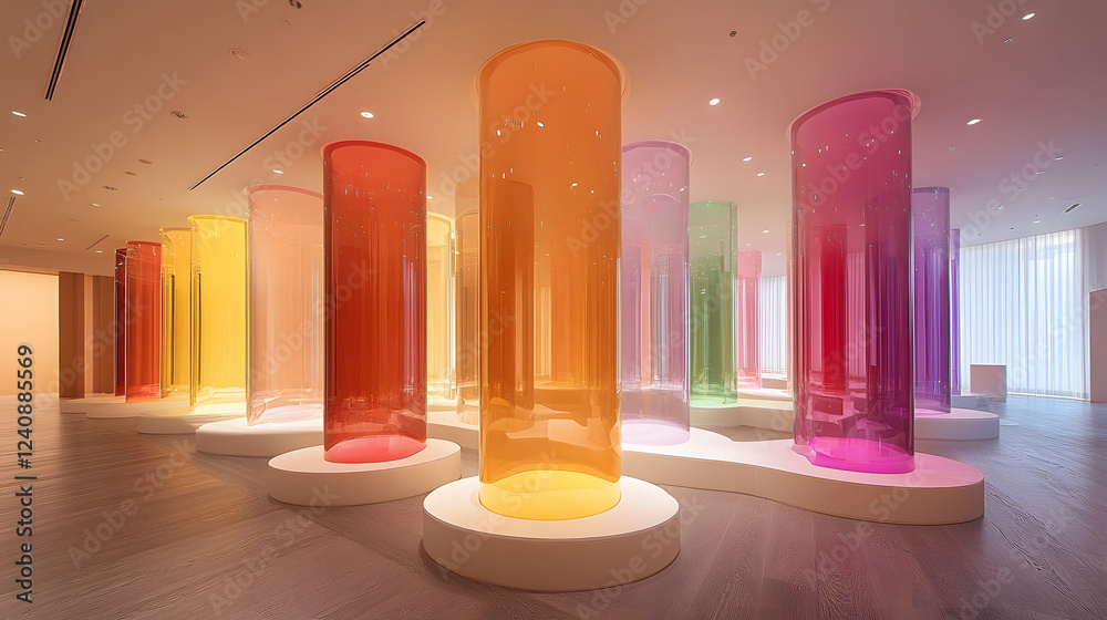 Poster A vibrant art installation featuring colorful translucent columns, creating an immersive and visually striking environment
