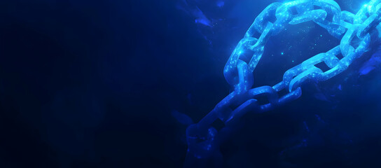 Fototapeta premium Abstract vector blue gradient background with two handshakes connected by a chain on a dark background, concept of blockchain technology and cryptocurrency. 