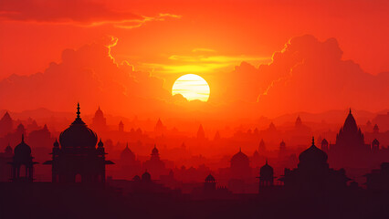 Obraz premium Silhouette of temples during sunset or sunrise orange and red sky background for religious poster, banner, shivratri, mahashivratri, Mahakumbh,2025, kumbh mela.