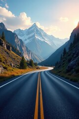 Empty asphalt road curves through majestic mountains , rocks, winding road, vista