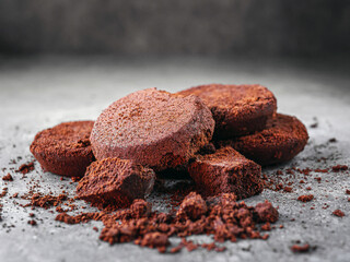 Close-up of coffee grounds from espresso machine. coffee ground on gray background