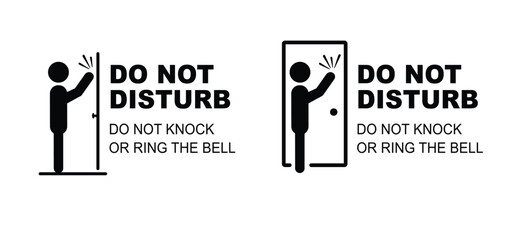 Do not disturb sign. Cartoon do not knock or ring the bell. Knock not on the door or ringing. Private, entering room. No soliciting or no sales. Stop no doorbell or throb.