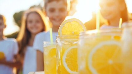 Kids Running Lemonade Stand in Warm Light