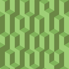 Vector isometric seamless pattern. Infinitely repetitive cubical prism pattern in green. Assymetrical and chaotic, random. Visual illusion, 3D backdrop