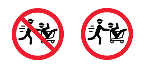 Forbidden speed, running, fast happy people in supermarket pushcart. Carrying her friend in hopping cart or trolley. Pushing shopping cart and run. Running with handcart with man. Fast or playing kids