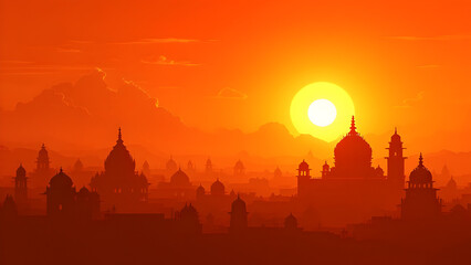 Naklejka premium Silhouette of temples during sunset or sunrise orange and red sky background for religious poster, banner, shivratri, mahashivratri, Mahakumbh,2025, kumbh mela.