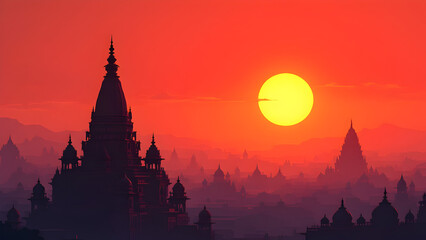 Silhouette of temples during sunset or sunrise orange and red sky background for religious poster, banner, shivratri, mahashivratri, Mahakumbh,2025, kumbh mela.