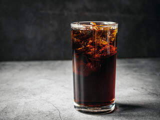 Cola soft drink with ice cubes, soda pop fizzy drink in Cold glass on gray background