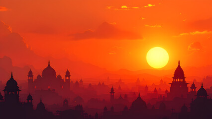 Fototapeta premium Silhouette of temples during sunset or sunrise orange and red sky background for religious poster, banner, shivratri, mahashivratri, Mahakumbh,2025, kumbh mela.