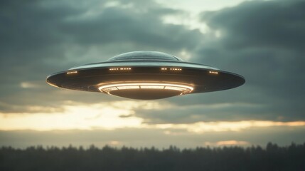 Naklejka premium UFO floats above a forest at sunset, illuminating the sky with soft lights and creating an otherworldly atmosphere