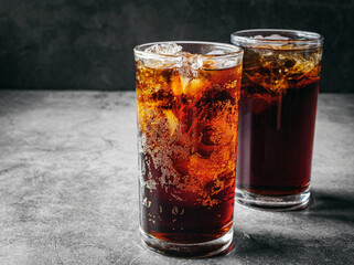Cola soft drink with ice cubes, soda fizzy drink in Cold two glass on gray background