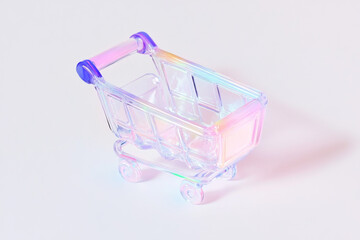 Transparent shopping cart design in flat style with iridescent colors on a light background