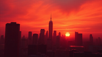 Obraz premium Metropolis skyline burning in fiery red dawn sunrise