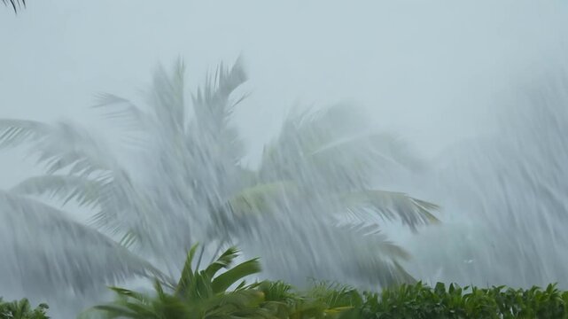 Tropical rainstorm pouring over lush green palm trees