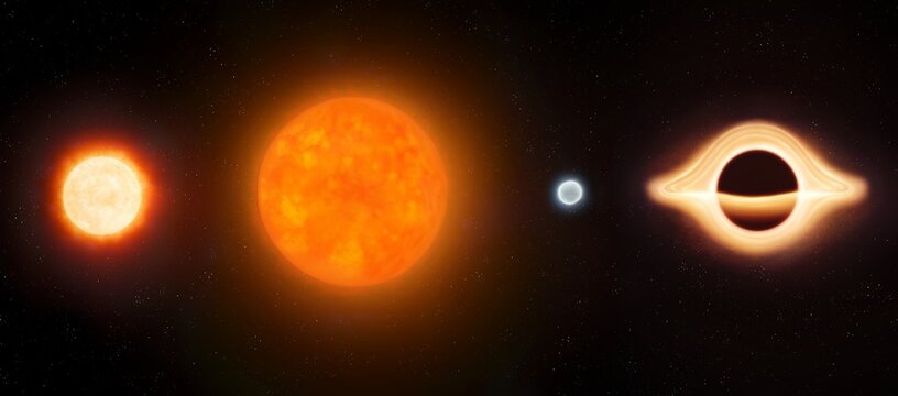 Stages of star evolution from protostar to black hole. Young star, red supergiant, white dwarf and black hole.