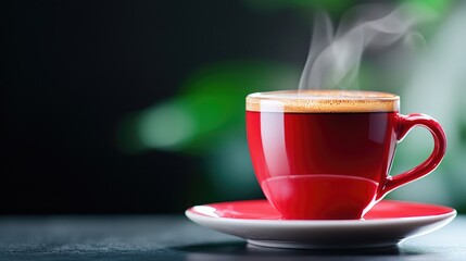 Fototapeta premium Steaming espresso in red cup, dark background, plants