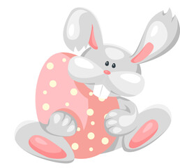 Cute Easter bunny with an egg. Festive spring clipart or sticker. Hand drawn vector illustration.