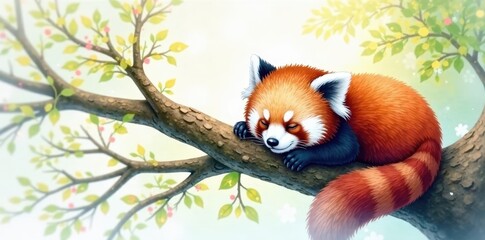 Obraz premium A charming watercolor painting of a red panda slumbering on a tree limb , isolated, cute illustration