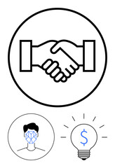 Handshake in circular frame, facial recognition outline, and dollar-sign lightbulb. Ideal for business partnerships, AI technology, finance, innovation, teamwork, ideas abstract line flat metaphor