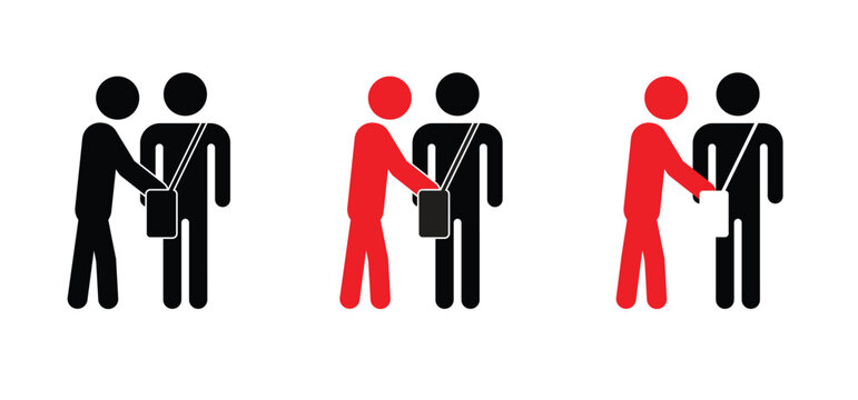 warning, beware of pickpocket. Caution, stop pick pockets awareness. Beware thief steals money, purse, wallet or valuables in your bag. Robbery, thief and crime icon. Anti theft and hand concept