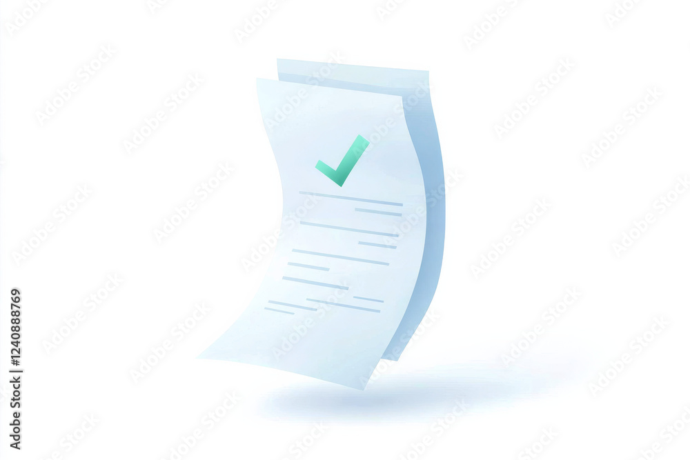 Poster document with checkmark indicating approval in flat design style on a light background