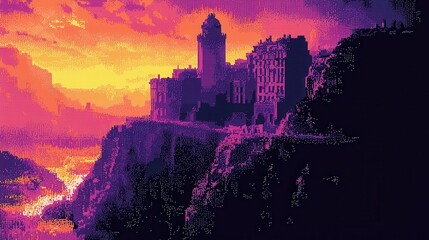 Pixel Art Sunset Cityscape A Digital Castle on a Clifftop at Dusk