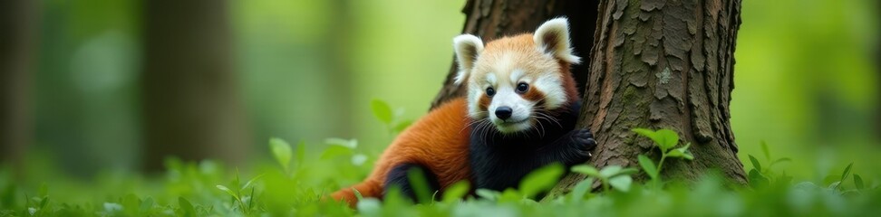 A tiny panda nestled in the crook of a large tree , white, wild