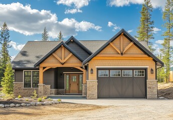 Obraz premium Beautiful home exterior under the blue sky, with a garage door and driveway.