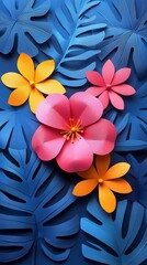 Vibrant Paper Flowers And Tropical Leaves Create A Summery Design.