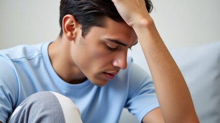 Young Man Sitting With a Worried Expression in a Serene Indoor Setting