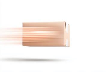 Package in flat design moving rapidly across a minimalist white background