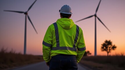 Wind Turbine Technician Observes Sunset at Renewable Energy Site in Autumn