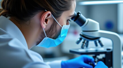 Scientist Analyzing Liquid Sample Under Microscope in Laboratory Setting