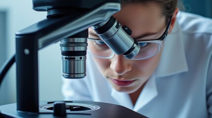 Scientist Analyzes Liquid Sample Under Microscope in Modern Laboratory