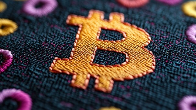 Close up of Bitcoin Symbol Beautifully Embroidered on Dark Fabric