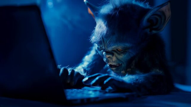 internet troll furiously typing on laptop keyboard in dark room