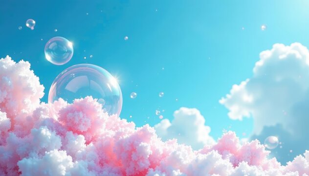 Soap foam bubbles create a whimsical scene against a bright blue sky with puffy clouds, airy, soap foam