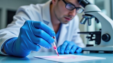 Laboratory Assistant Analyzes Blood Sample Under Microscope With Focused Light