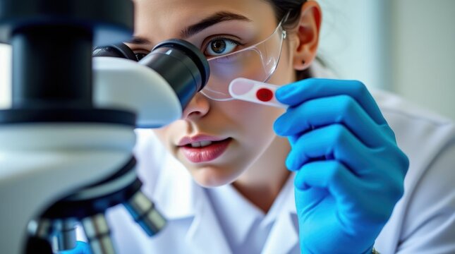 Laboratory Assistant Examines Blood Sample Using Microscope for Analysis