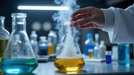 Researcher Conducts Chemical Experiment Producing Smoke in Lab Flask