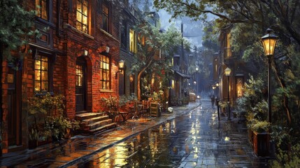Fototapeta premium Rainy Night Street Scene, Warm Lights on Brick Buildings