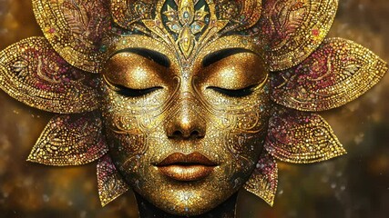 Intricate golden face art inspired by nature and culture in a vibrant, ethereal setting during a celestial event