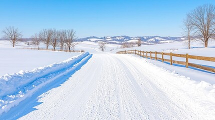 Obraz premium Snowy country road, winter landscape, hills in background, peaceful scene, ideal for travel brochures
