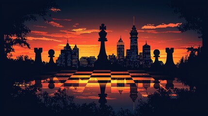 Cityscape Silhouette at Sunset Reflected on Chessboard Game Strategy