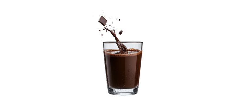 Chocolate milk splashes in glasses with floating chocolate pieces