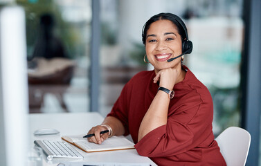 Call centre, sales and woman with headset, portrait and notes for consultation and customer...